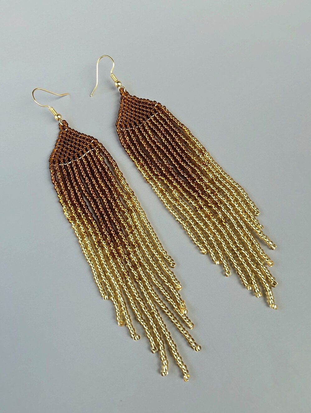 Bronze Ombre Boho Fringe Seed Bead Earrings Handmade Southwestern Beaded Jewelry